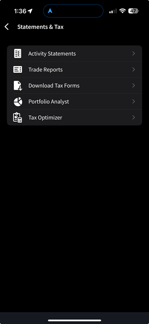 The statements & tax menu on the iPhone. 